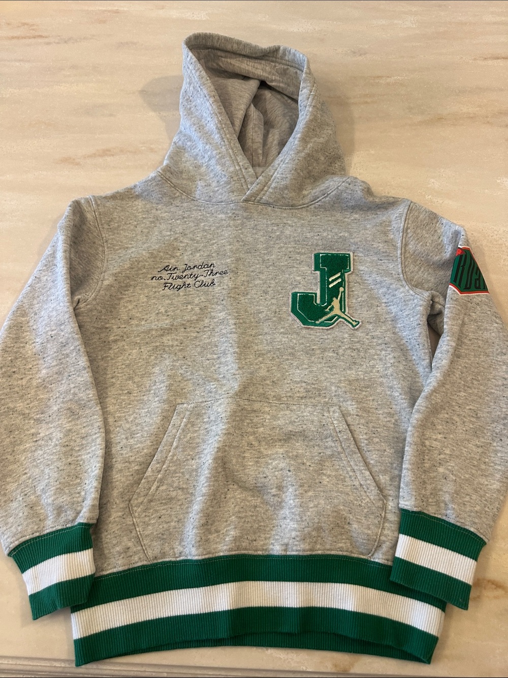 Jordan Grey Hoodie with Green Letter Patch and Striped Trim